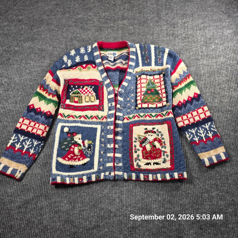 Paul Harris Design Christmas Cardigan Sweater Santa Patchwork Vintage Womens S